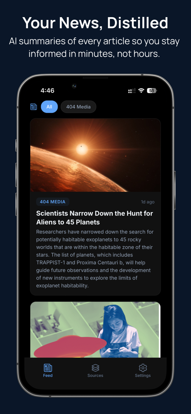 Hushread feed screen with AI summaries