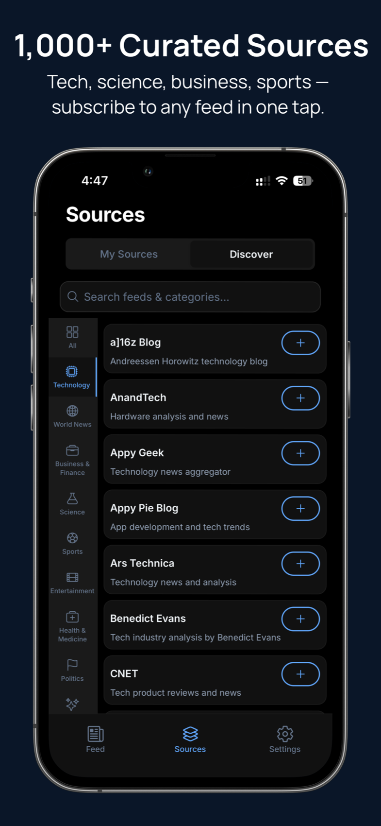 Hushread curated source discovery screen