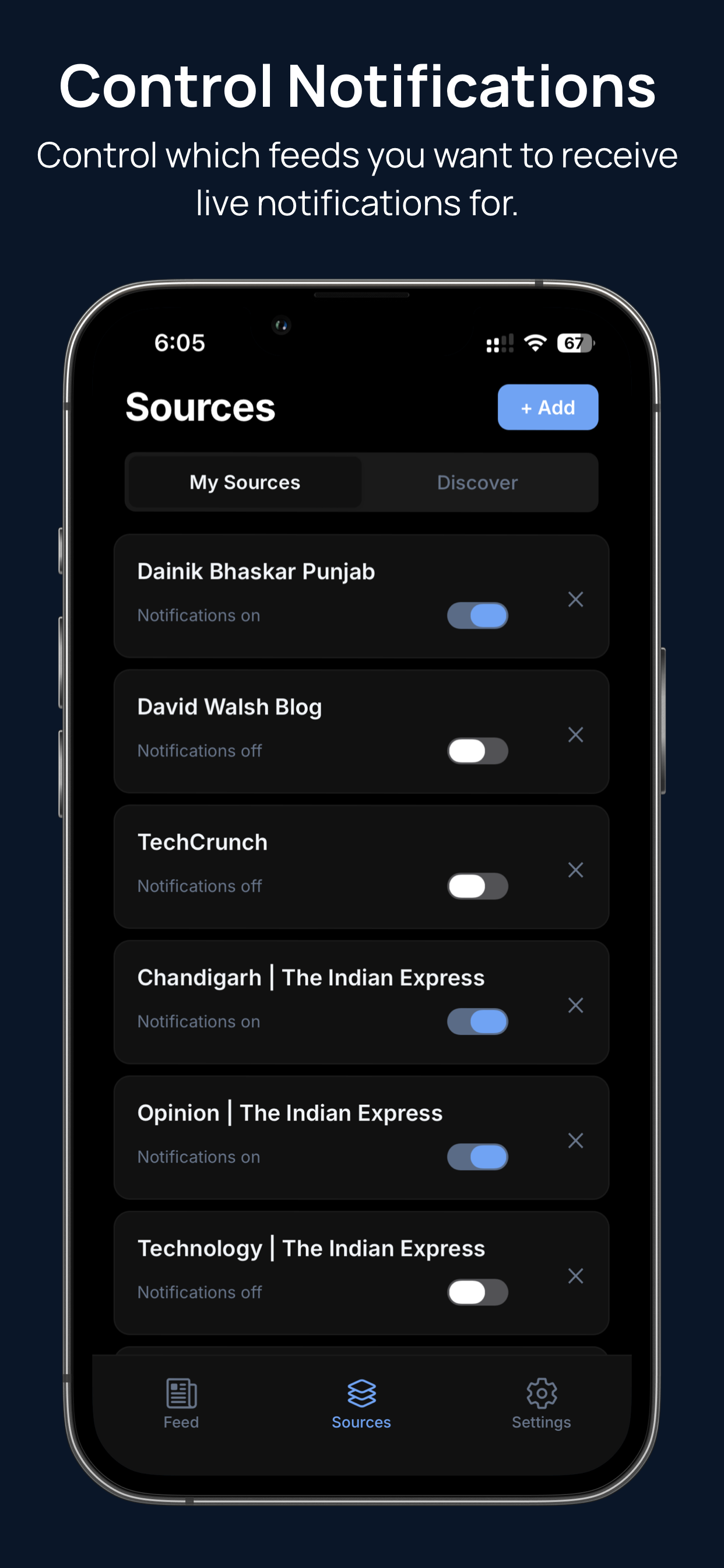 Hushread per-feed notification controls