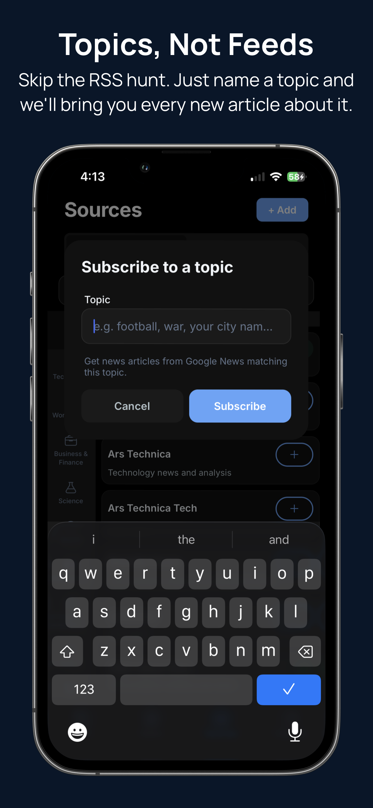 Hushread topic subscription screen