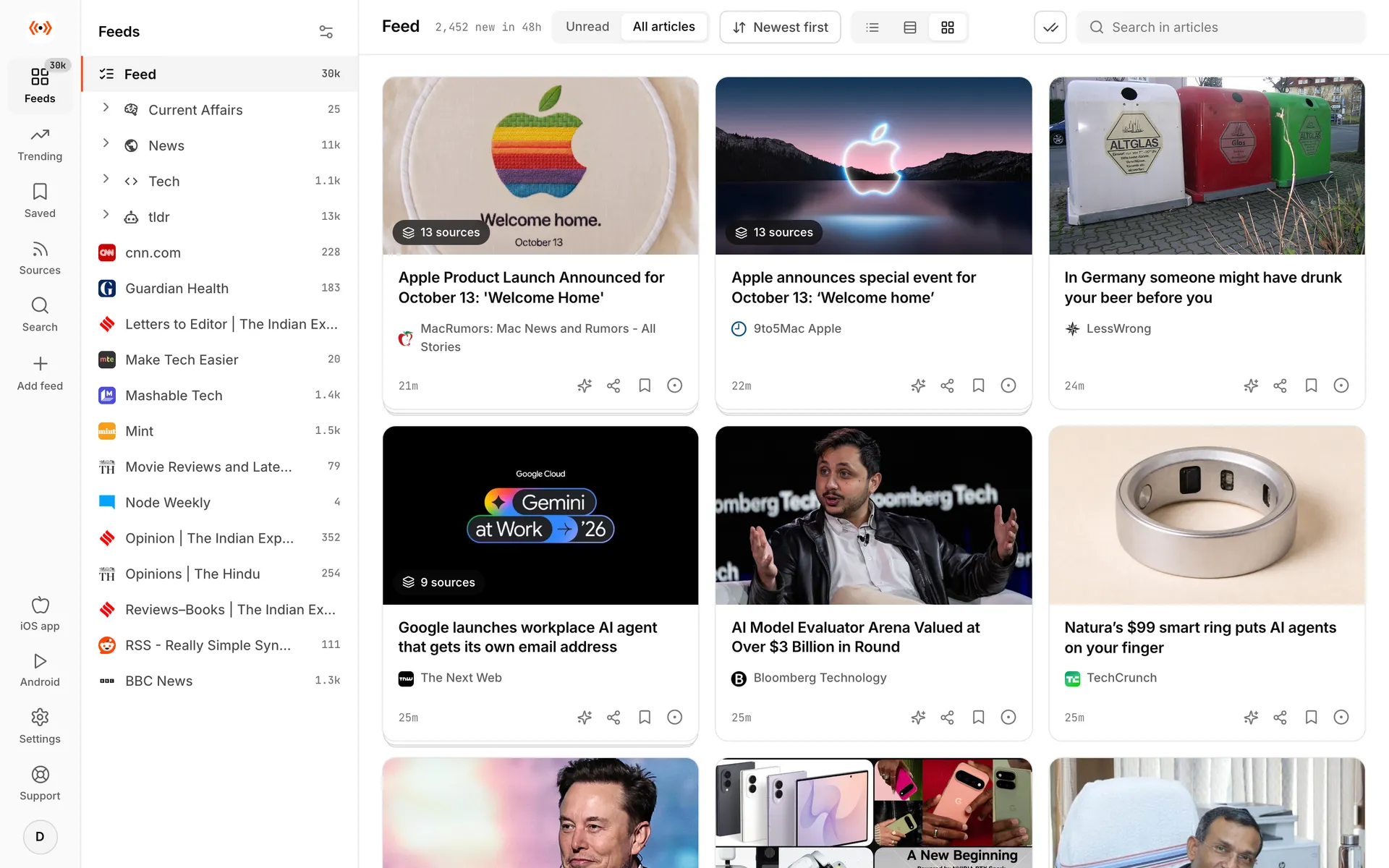 Hushread in a browser: folders and sources on the left, the feed as a grid of article cards on the right