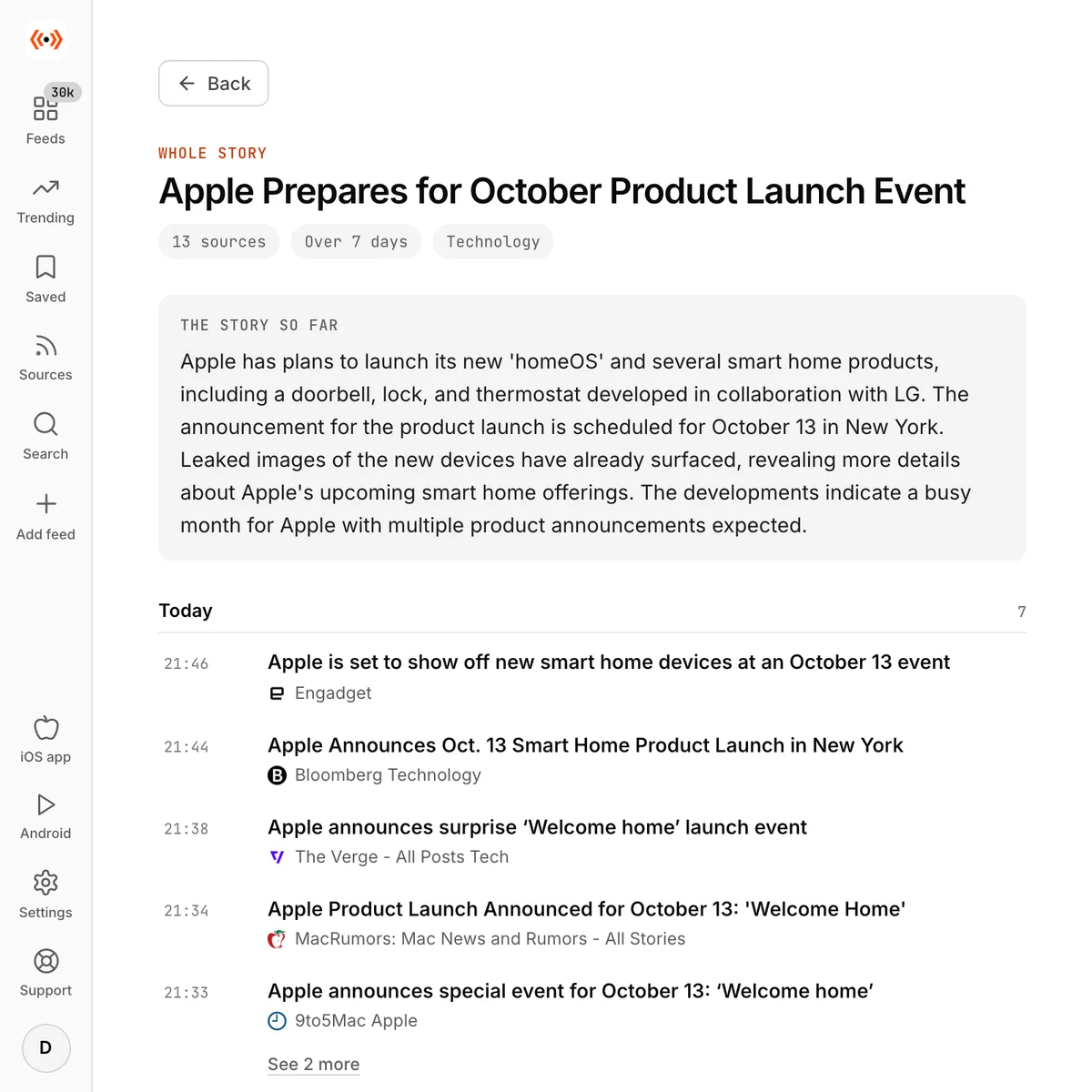 A Hushread story page: a summary of the story so far, then each outlet's article on a timeline grouped by day