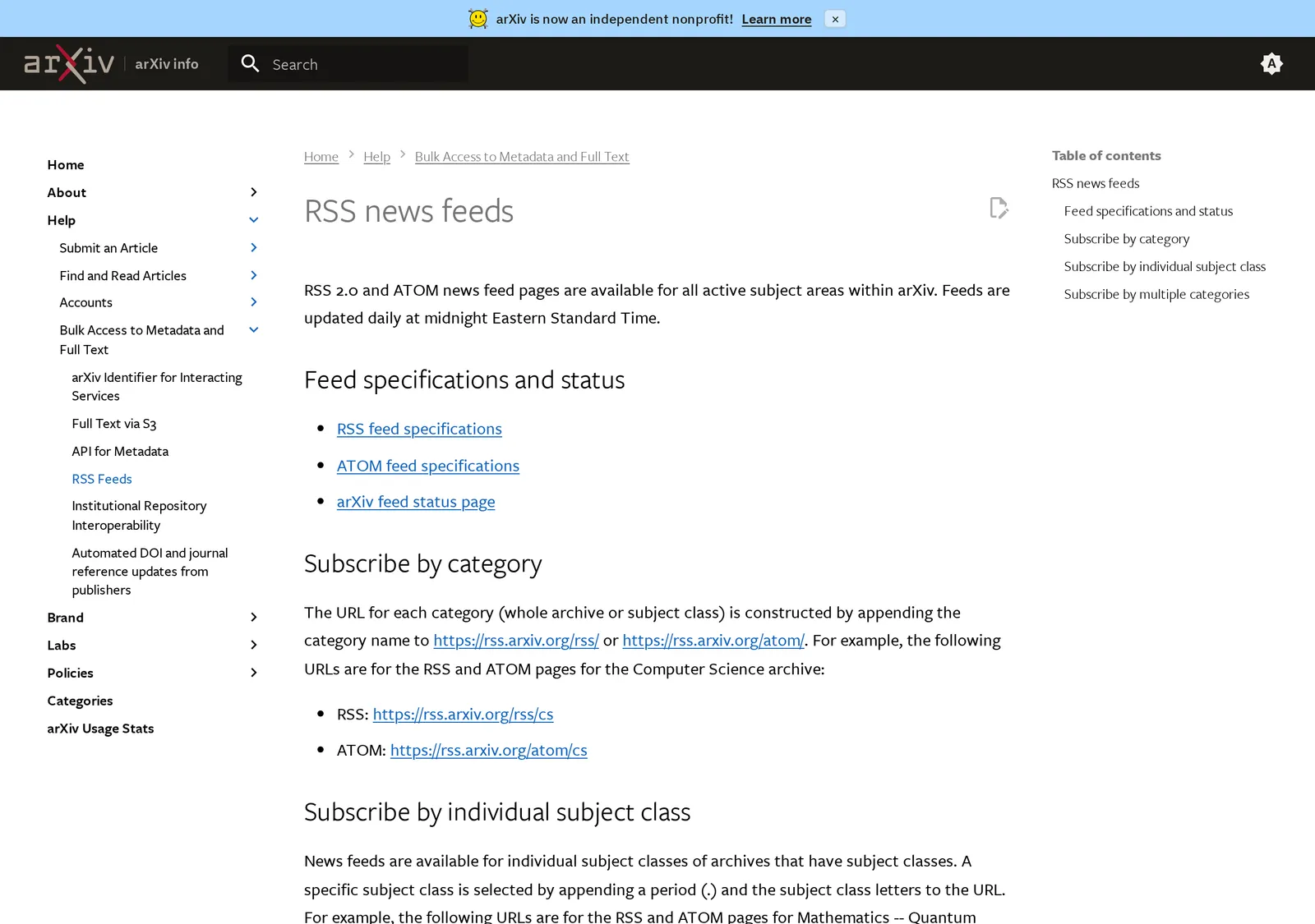 arXiv's RSS news feeds help page saying feeds are available for all subject areas and updated daily at midnight Eastern Standard Time, with the rss.arxiv.org/rss/ URL format