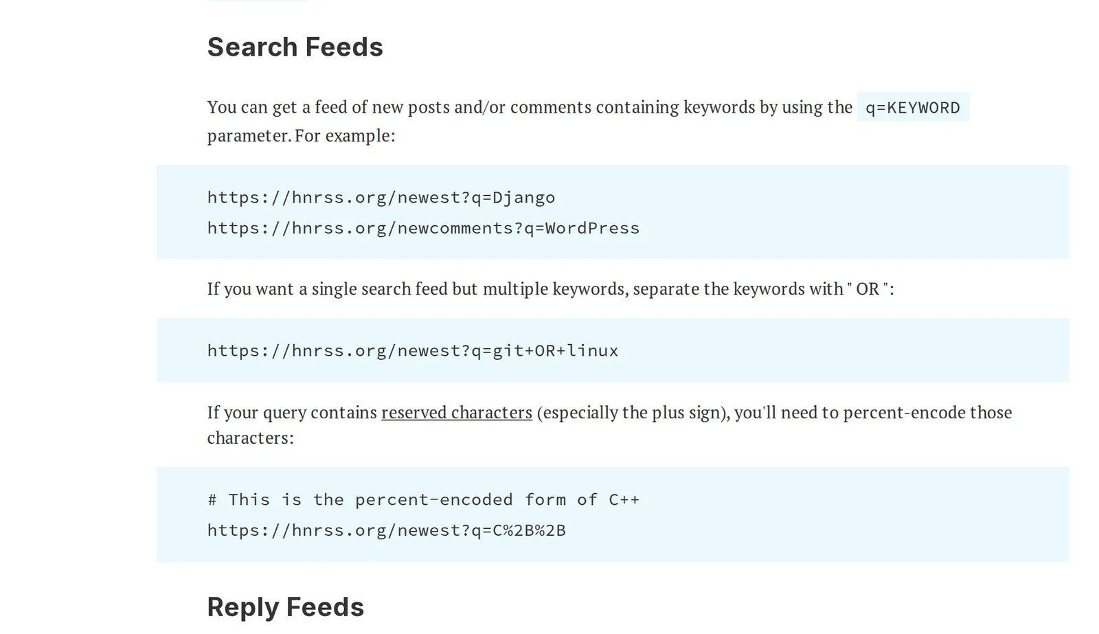 hnrss documentation showing the Search Feeds section with the q=KEYWORD parameter and example URLs such as hnrss.org/newest?q=Django