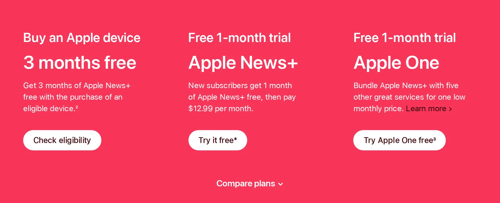 Apple's News+ page offering a free 1-month trial, after which new subscribers pay $12.99 per month, next to an Apple One bundle offer
