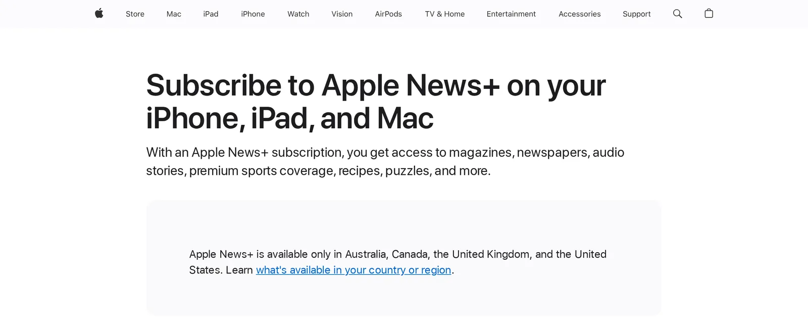 Apple Support page titled "Subscribe to Apple News+ on your iPhone, iPad, and Mac", with a note that Apple News+ is available only in Australia, Canada, the United Kingdom and the United States