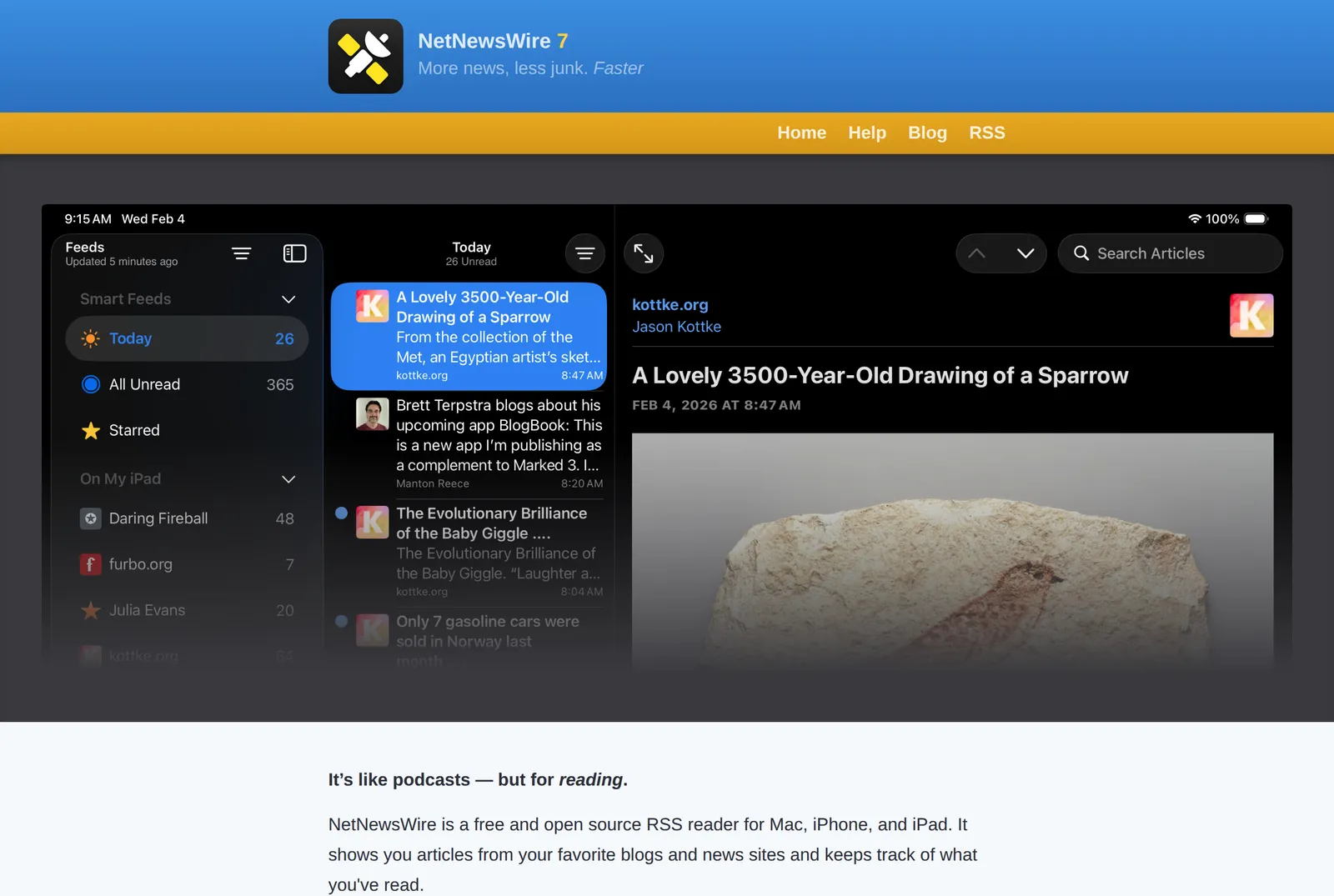 NetNewsWire's home page showing the app's three-pane reader and the line that it is a free and open source RSS reader for Mac, iPhone, and iPad
