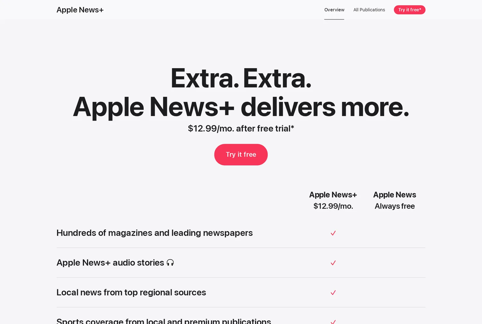 Apple's US News+ page showing $12.99 a month after a free trial, with a plans table putting Apple News+ at $12.99 a month beside Apple News marked Always free