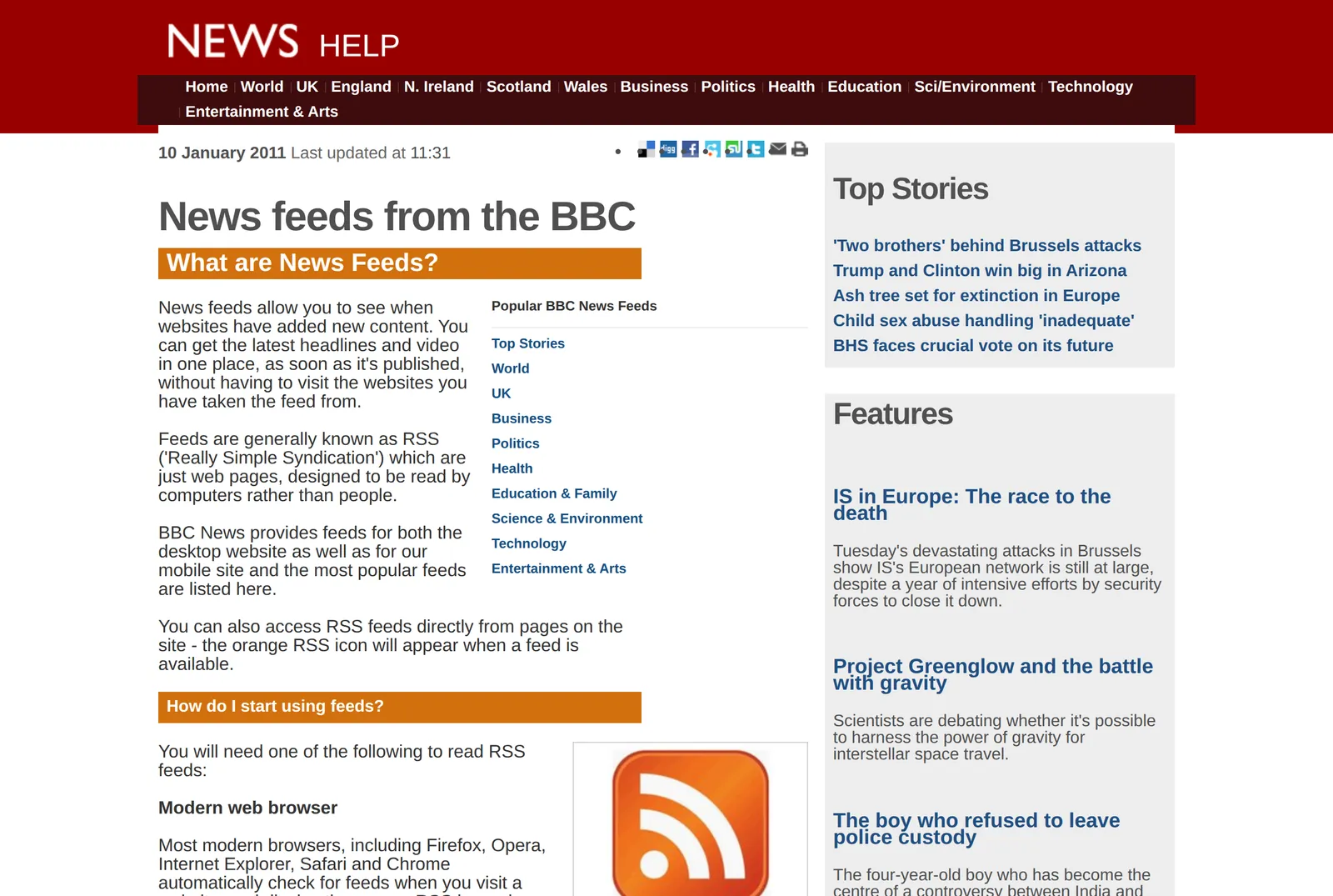 The BBC help page titled News feeds from the BBC, dated 10 January 2011, listing popular feeds including Top Stories, World, UK, Business and Technology