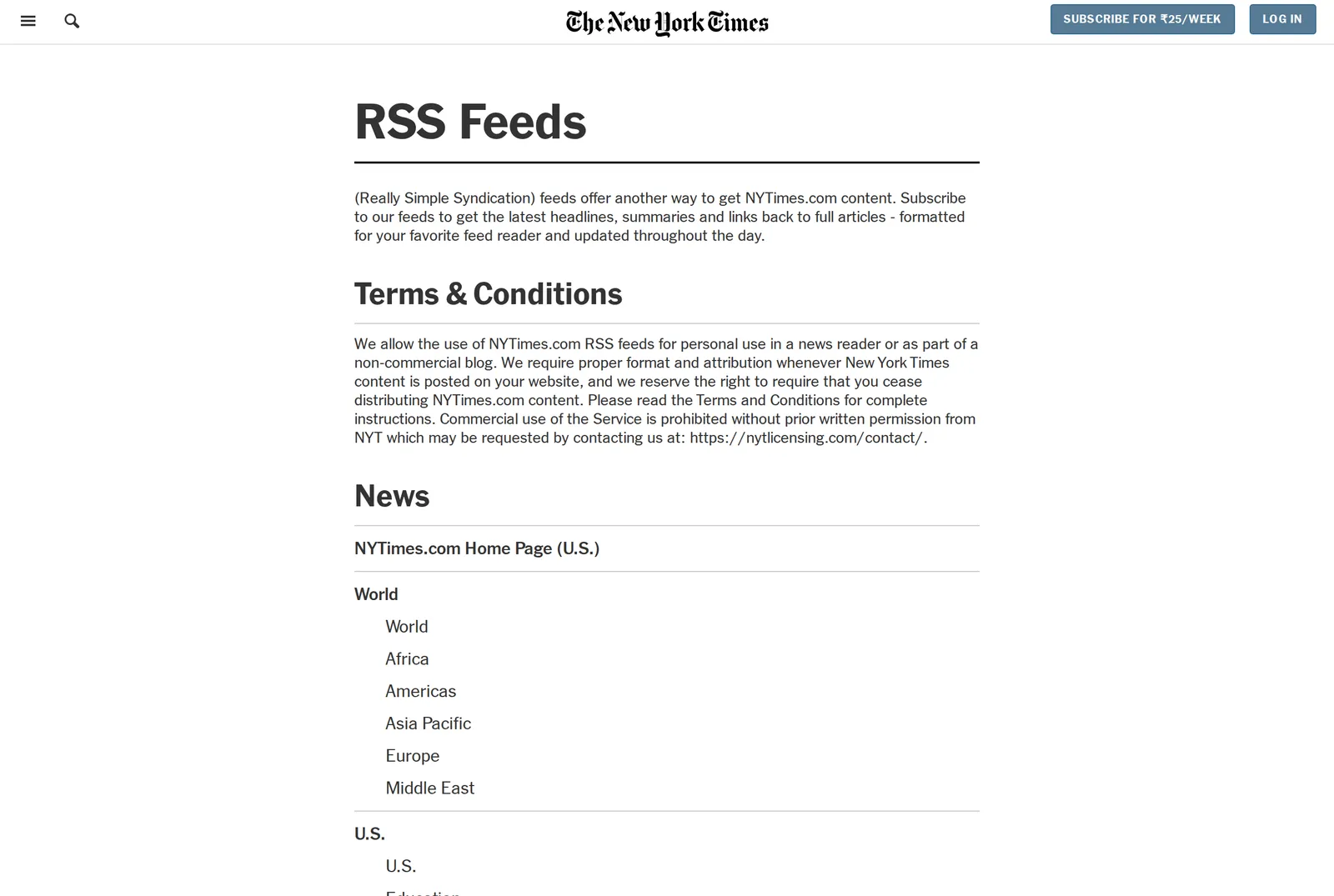The New York Times RSS Feeds page with its Terms and Conditions paragraph allowing personal use in a news reader, above a list of News feeds starting with Home Page and World