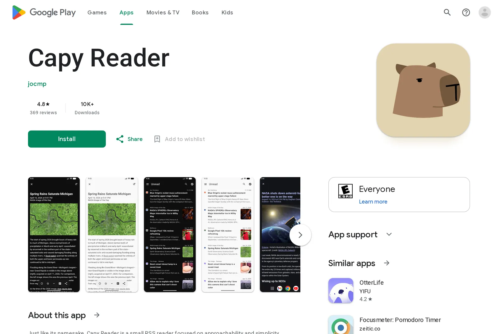 Capy Reader's Google Play listing showing a 4.8 star rating from 369 reviews and 10K+ downloads, with no Contains ads or In-app purchases label under the developer name