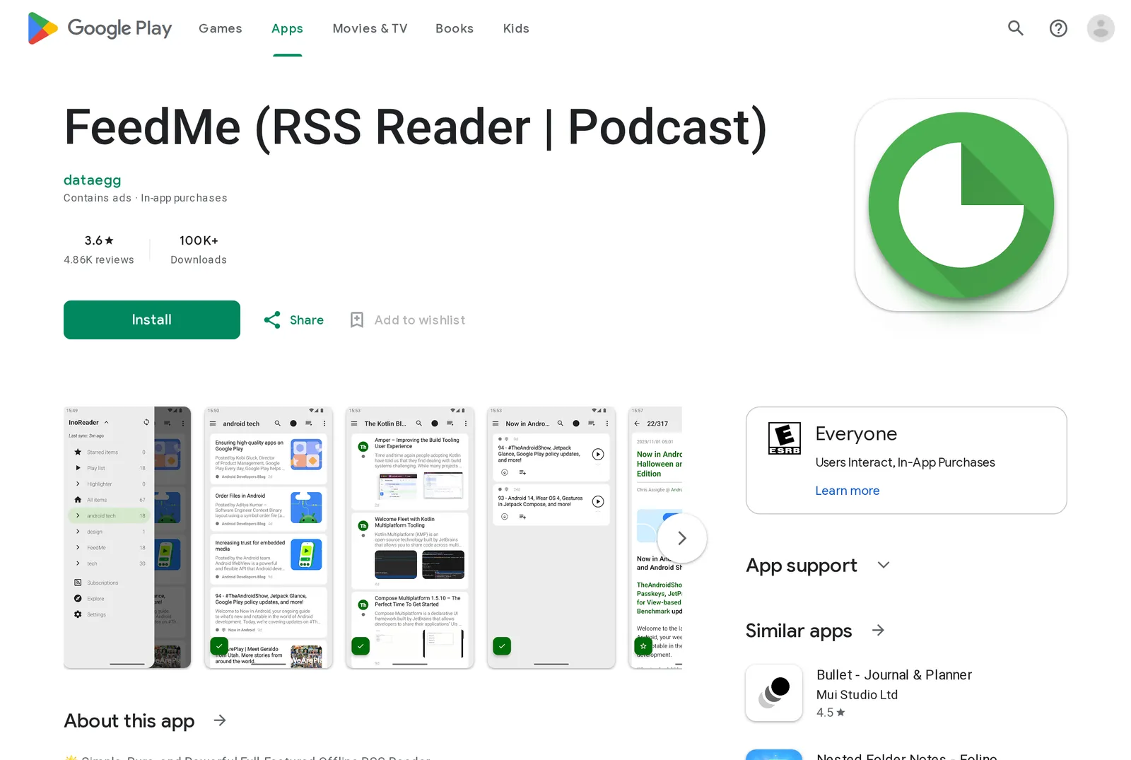 FeedMe's Google Play listing showing the labels Contains ads and In-app purchases under the developer name dataegg, a 3.6 star rating from 4.86K reviews and 100K+ downloads