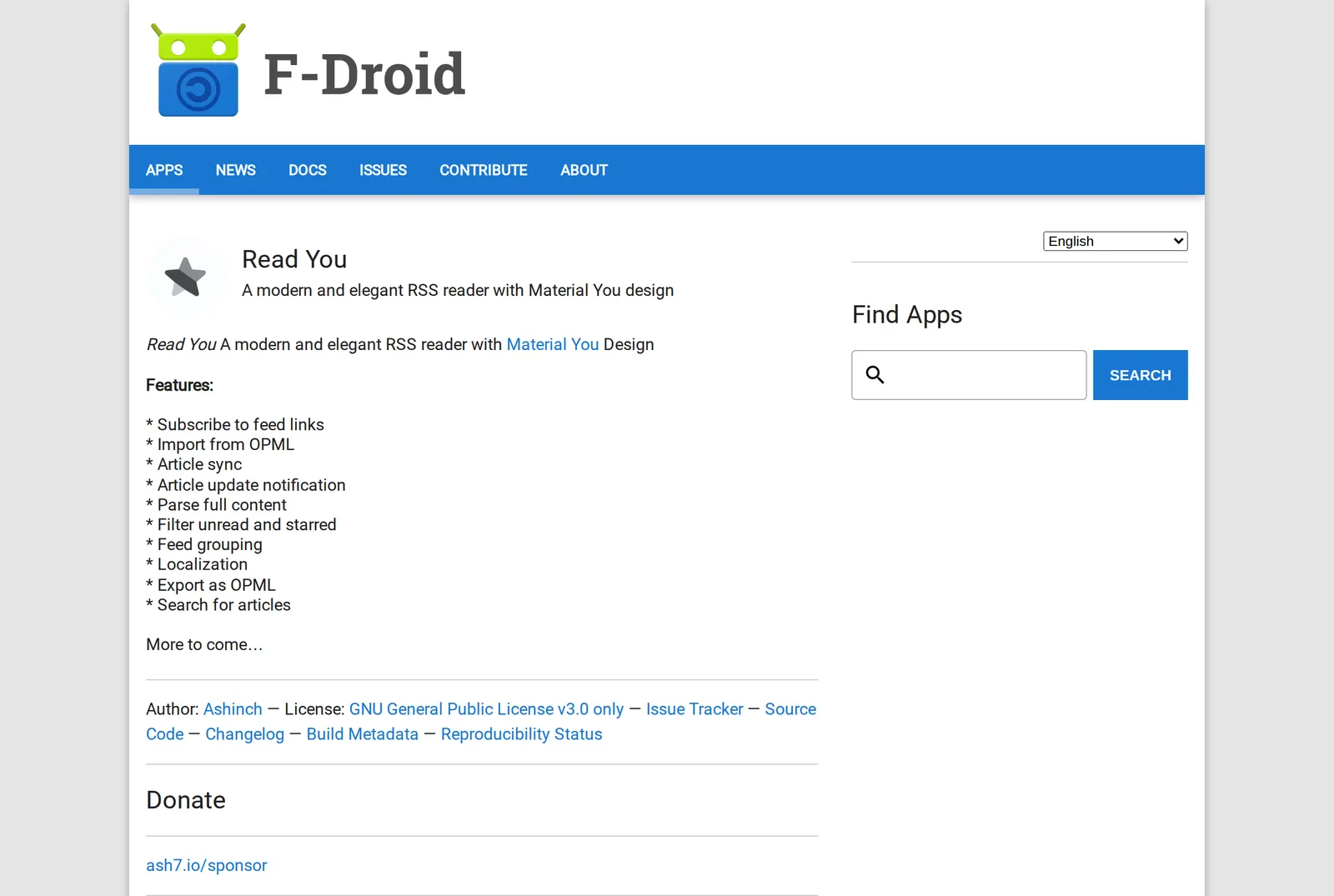 Read You's F-Droid page listing its features, including Import from OPML, Article sync and Parse full content, under a GNU General Public License v3.0 only licence