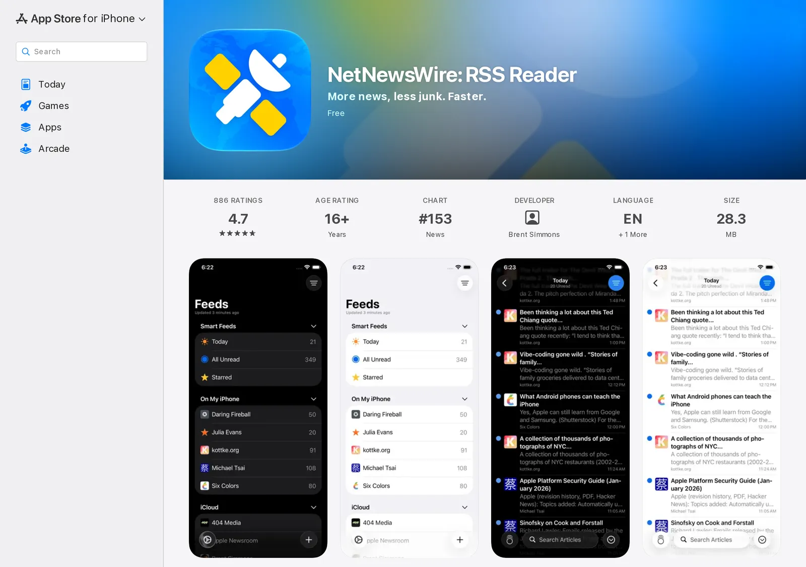 NetNewsWire on the US App Store for iPhone, marked Free, with a 4.7 rating from 886 ratings, developer Brent Simmons, and screenshots of its Feeds list and article timeline