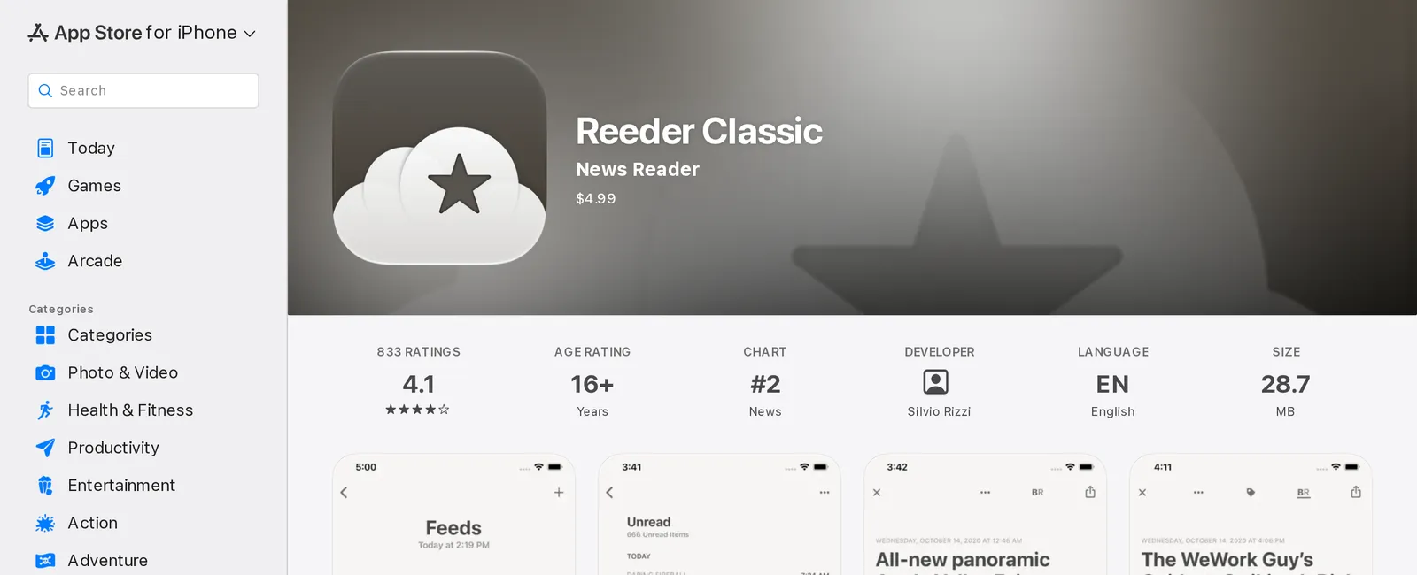 Reeder Classic on the US App Store for iPhone at $4.99, rated 4.1 from 833 ratings, by developer Silvio Rizzi