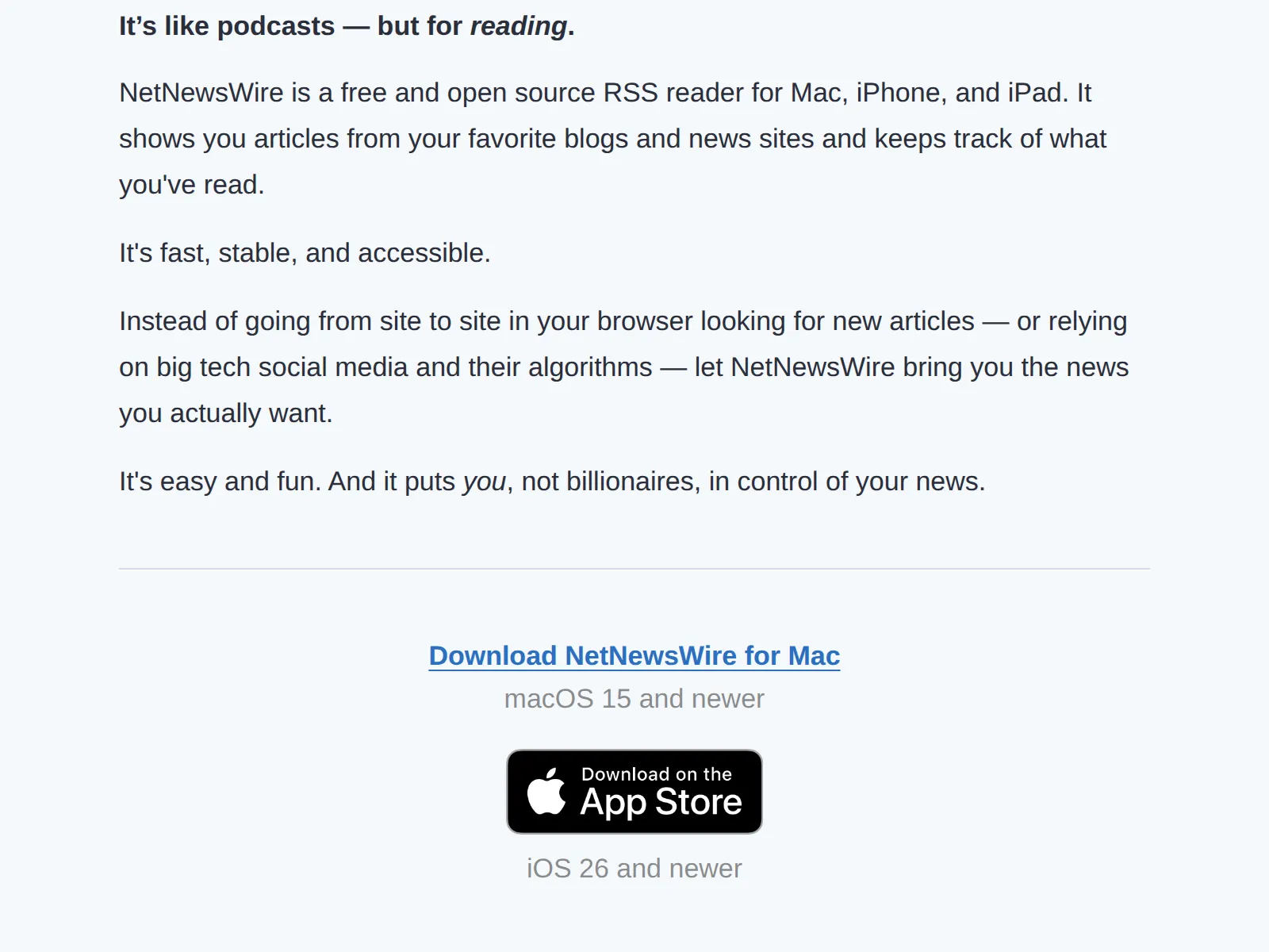 NetNewsWire's homepage with the Download NetNewsWire for Mac link and, directly under it, the requirement macOS 15 and newer