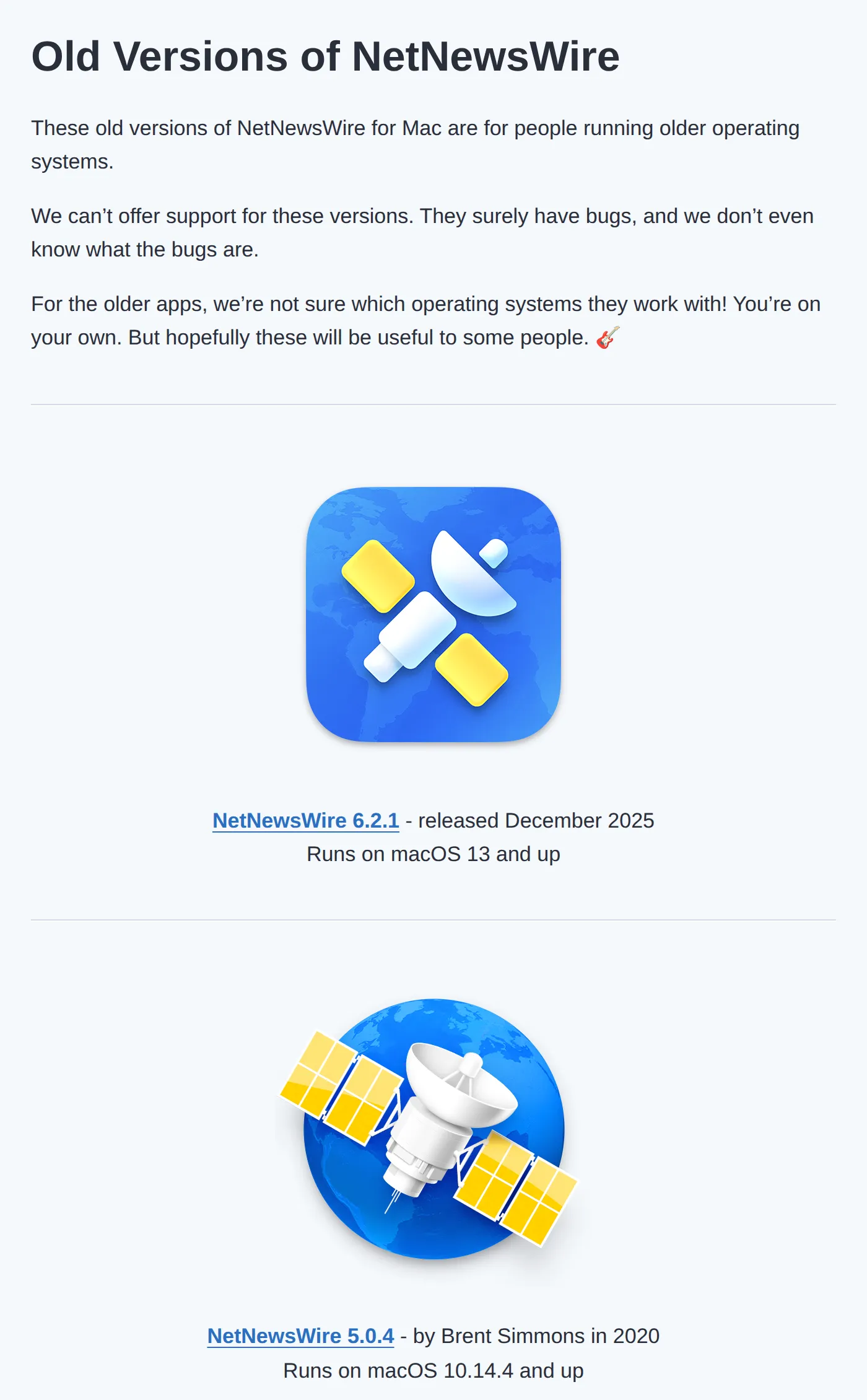 NetNewsWire's Old Versions page listing NetNewsWire 6.2.1, released December 2025, for macOS 13 and up, and NetNewsWire 5.0.4 for macOS 10.14.4 and up