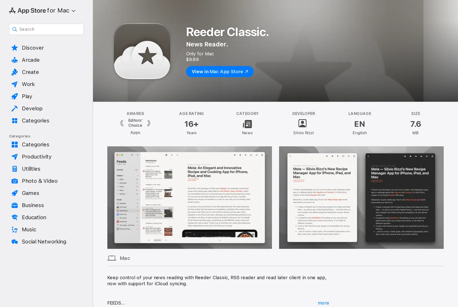 Reeder Classic's Mac App Store listing marked Only for Mac at $9.99, by developer Silvio Rizzi