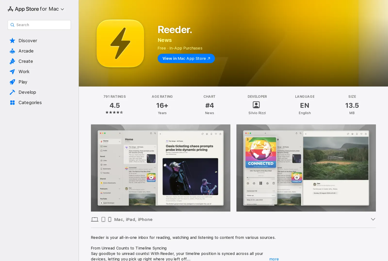 Reeder's Mac App Store listing showing Free with In-App Purchases, a 4.5 rating from 791 ratings, and Mac, iPad and iPhone as supported devices