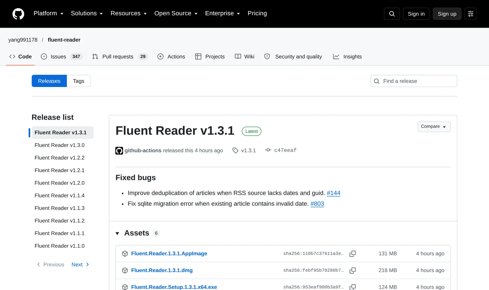 Fluent Reader's GitHub releases page with v1.3.1 marked Latest, its fixes for duplicate articles and a sqlite migration error, and a 124 MB Windows x64 installer