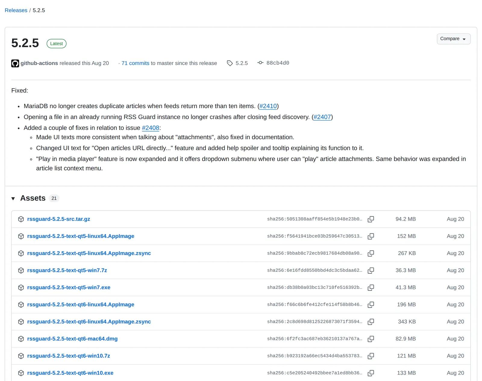 RSS Guard's 5.2.5 release page on GitHub, released August 20, with the win7 and win10 installers listed as separate downloads