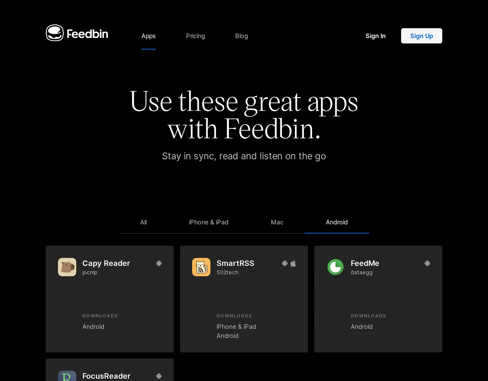 Feedbin's apps page filtered to Android, listing Capy Reader, SmartRSS, FeedMe and FocusReader, all made by other developers