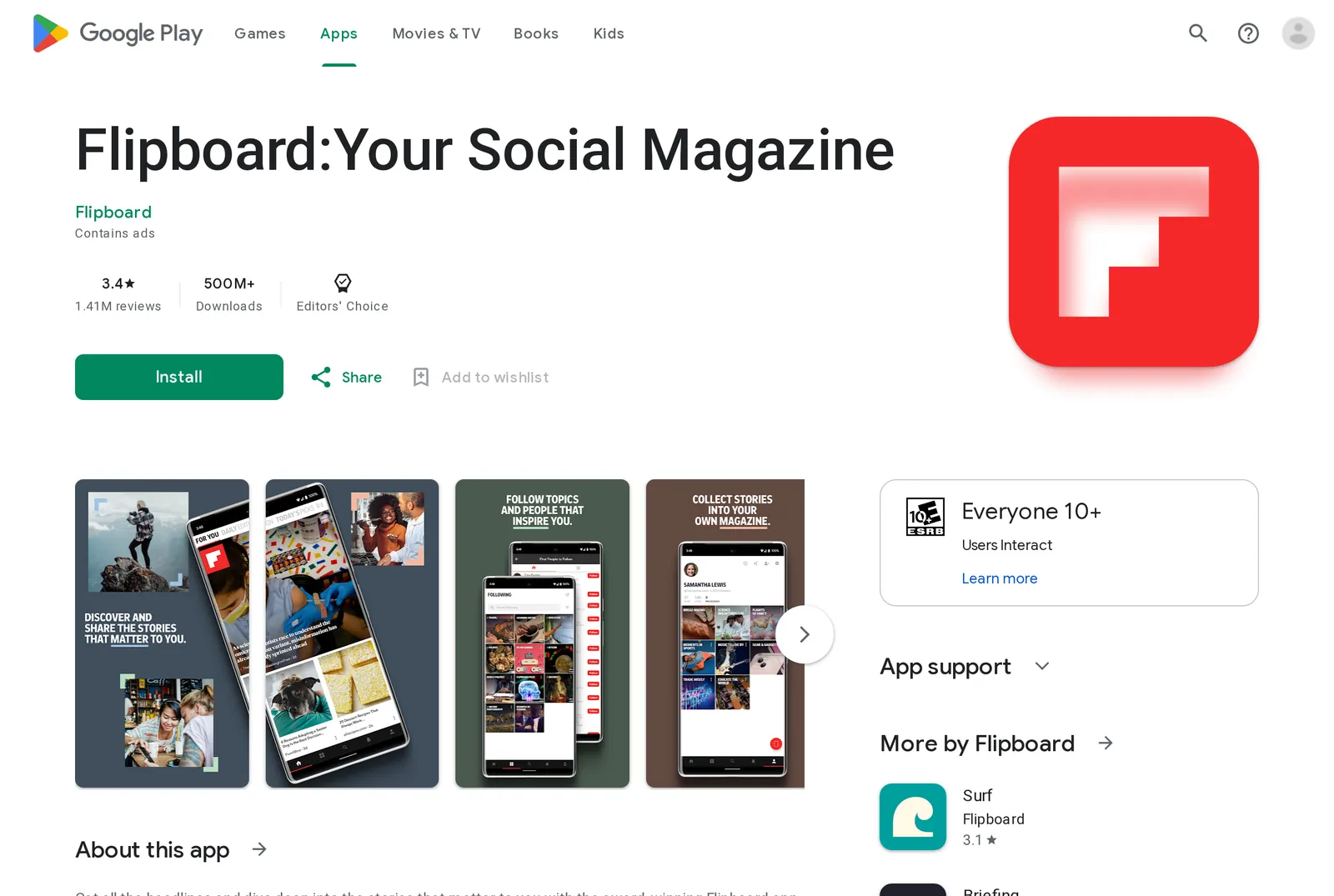 Flipboard's US Google Play listing showing Contains ads, 3.4 stars from 1.41M reviews, 500M+ downloads, an Editors' Choice badge, and Surf listed under More by Flipboard