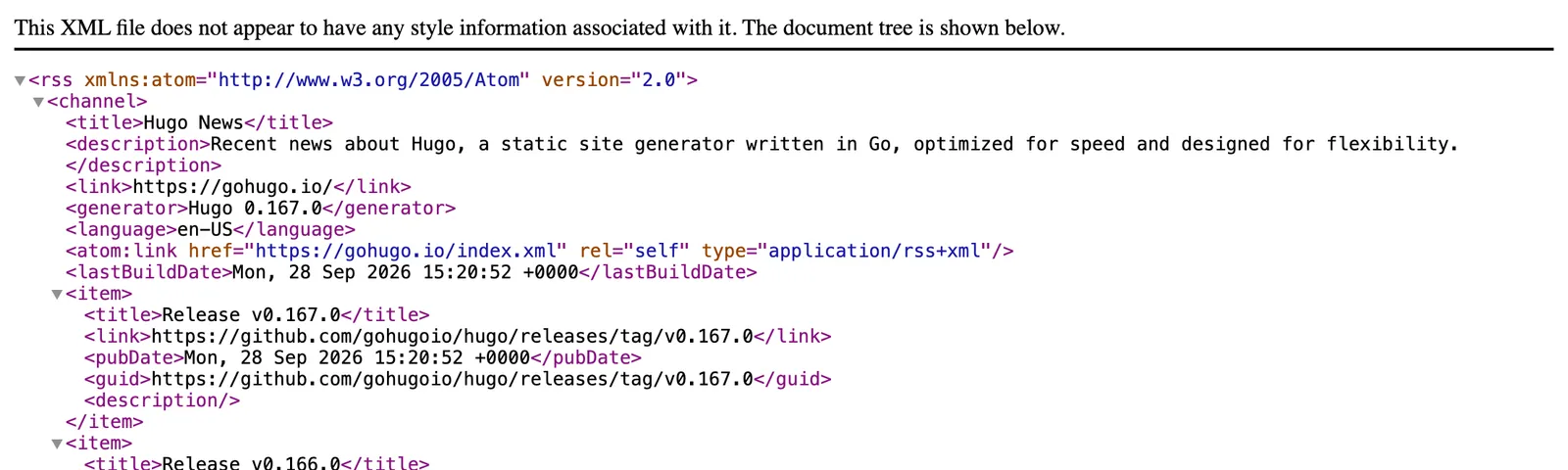 Chrome displaying gohugo.io/index.xml as raw XML that opens with an rss version 2.0 tag, then channel, title, lastBuildDate and item tags