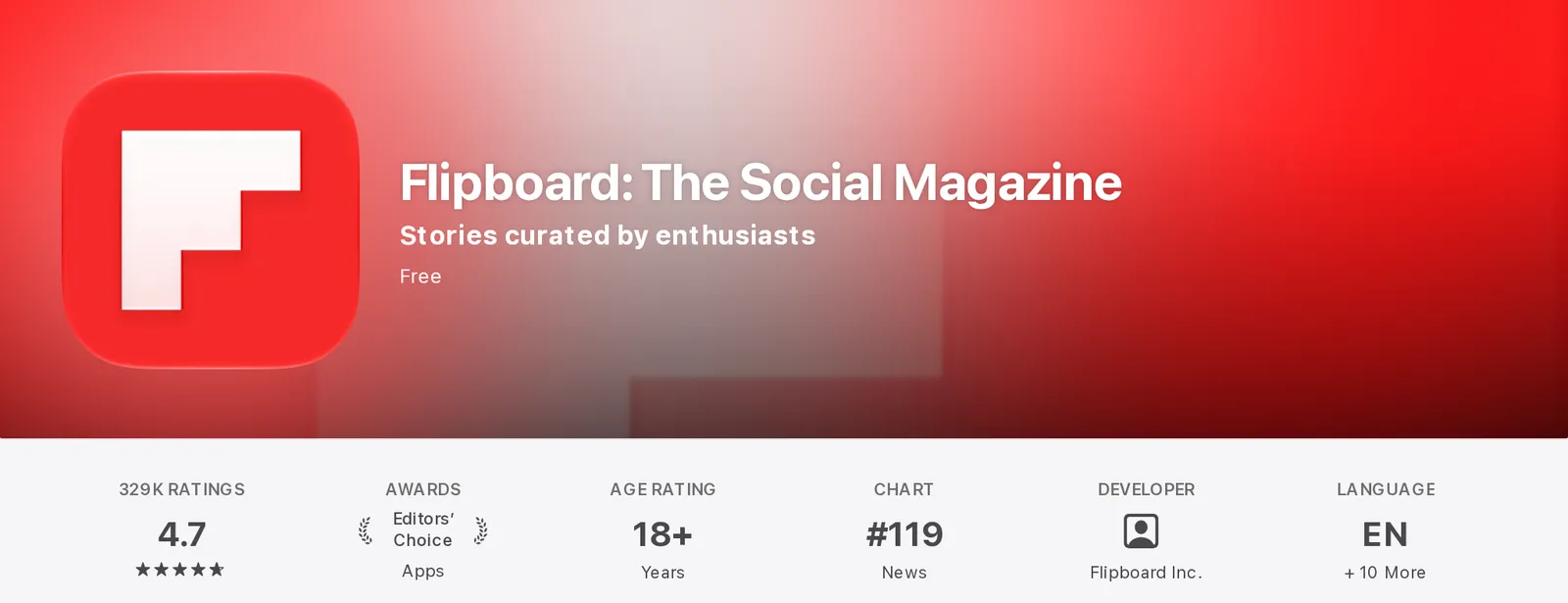 Flipboard's App Store listing showing the app as Free with a 4.7 rating from 329K ratings
