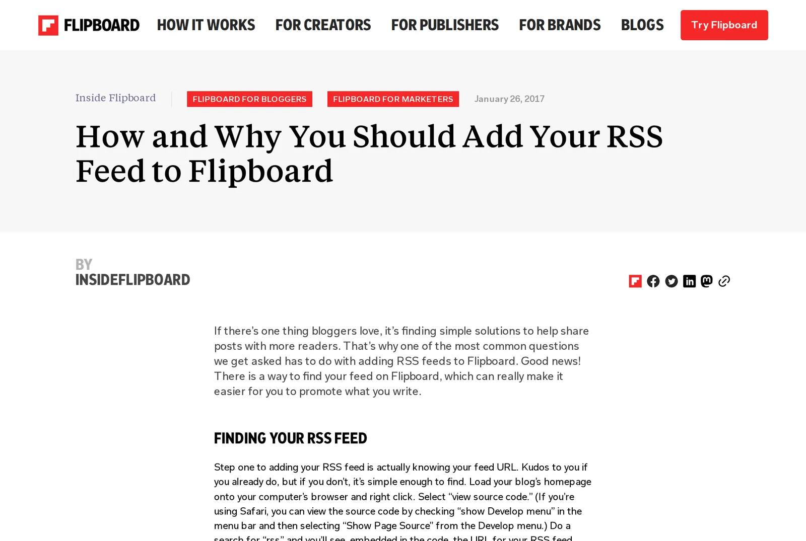 Flipboard's own blog post "How and Why You Should Add Your RSS Feed to Flipboard", dated January 26, 2017, showing how old the RSS instructions are