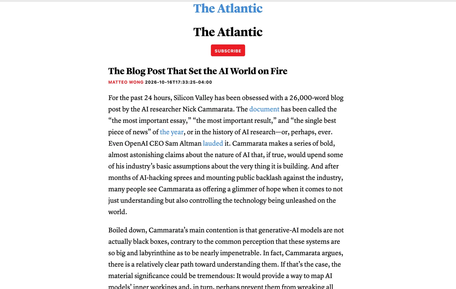 The Atlantic's RSS feed opened in a browser, showing a full article by Matteo Wong with its paragraphs rather than a one-line summary
