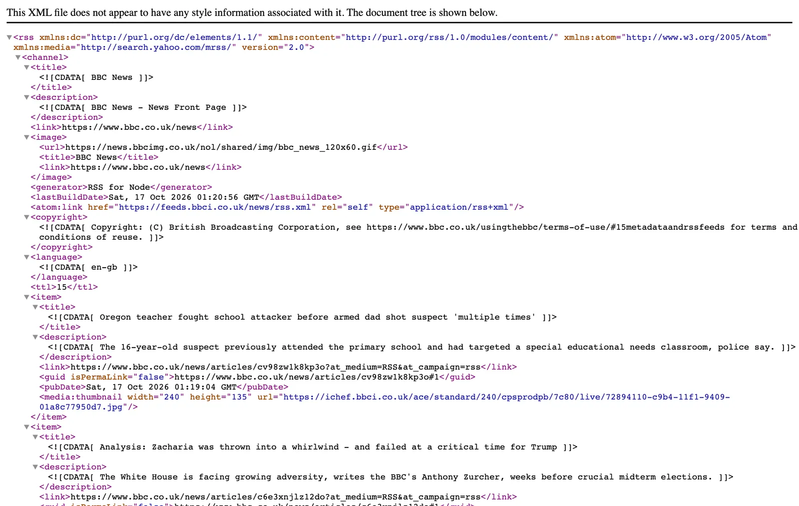BBC News RSS feed shown as raw XML in a browser, where each item has a one-sentence description and no article body