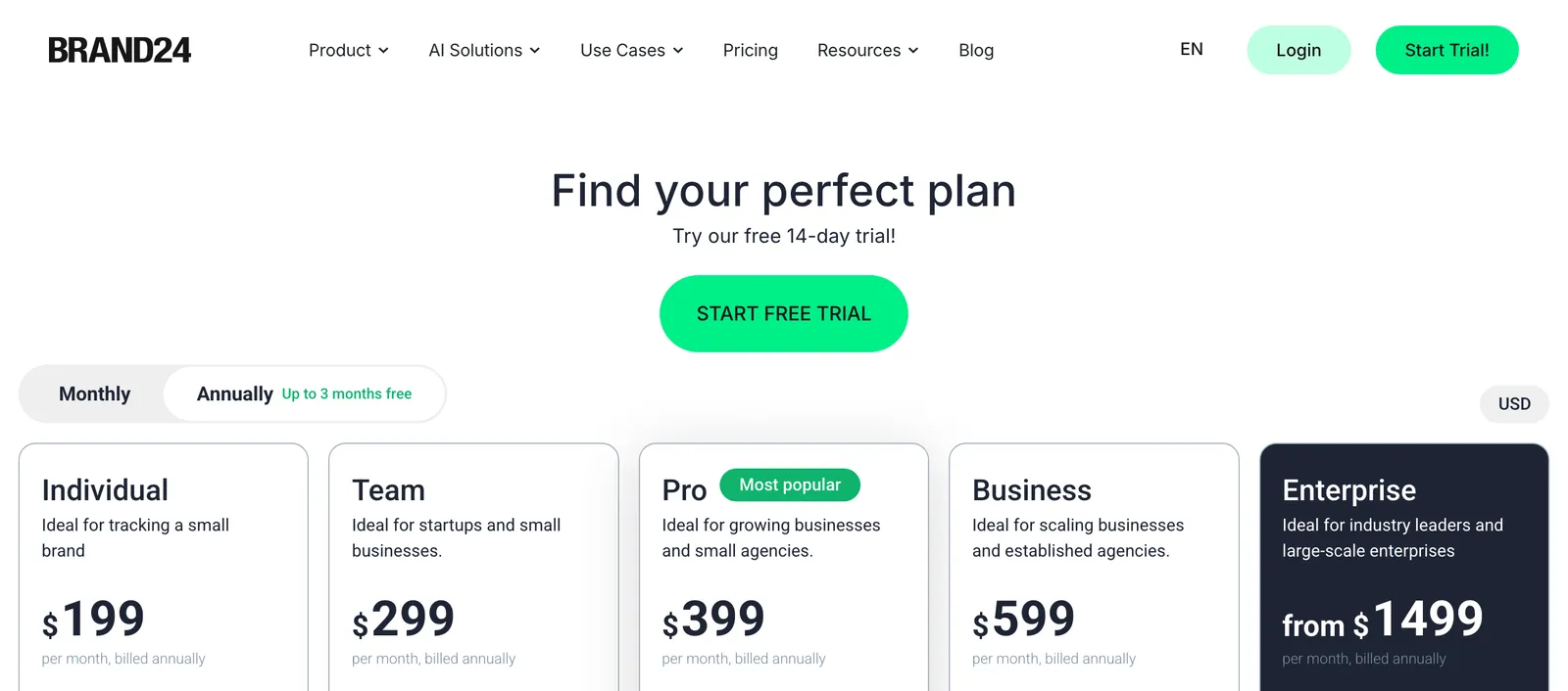 Brand24's pricing page with annual billing selected: a free 14-day trial, then Individual at $199, Team at $299, Pro at $399, Business at $599 and Enterprise from $1499 a month