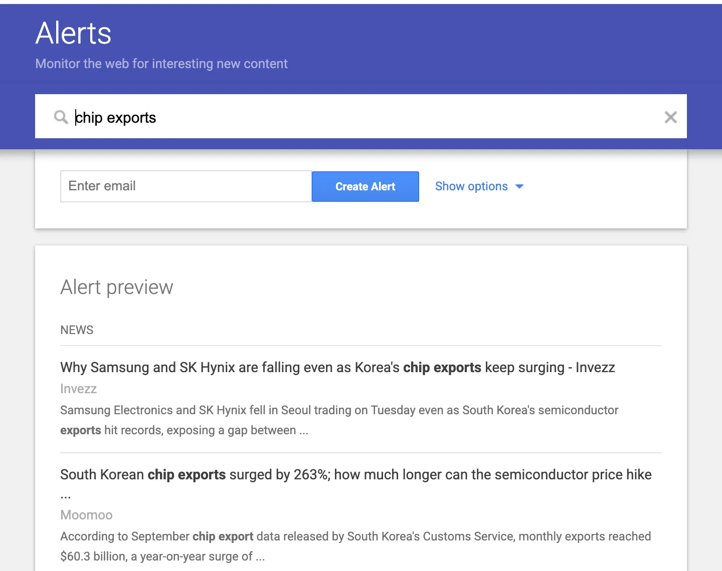 The Google Alerts form, signed out, with the search chip exports typed in: an Enter email box, a Create Alert button, a Show options link and an alert preview listing news results