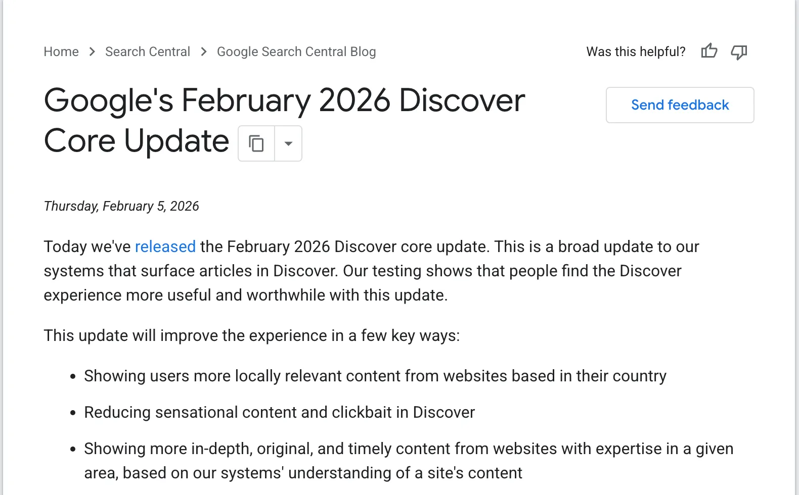 Google Search Central post dated February 5, 2026 listing "Reducing sensational content and clickbait in Discover" as a goal of the Discover core update