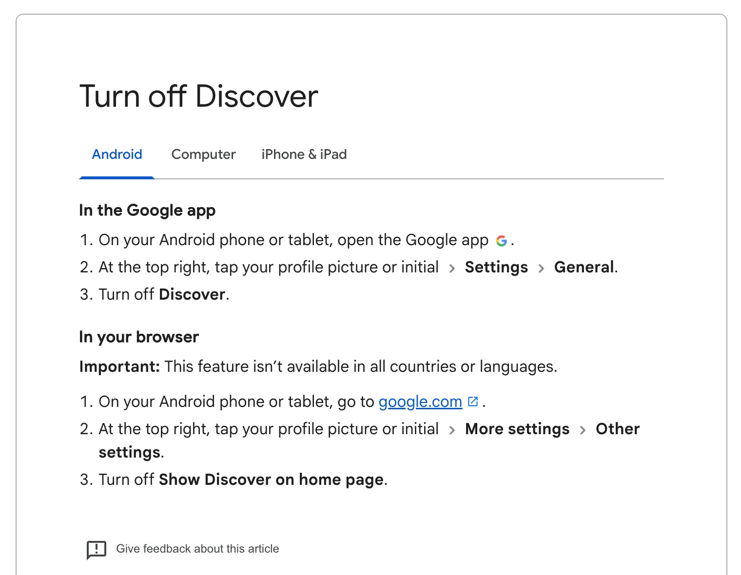Google's help page for turning off Discover on Android: profile picture, Settings, General, then turn off Discover, with separate browser steps below