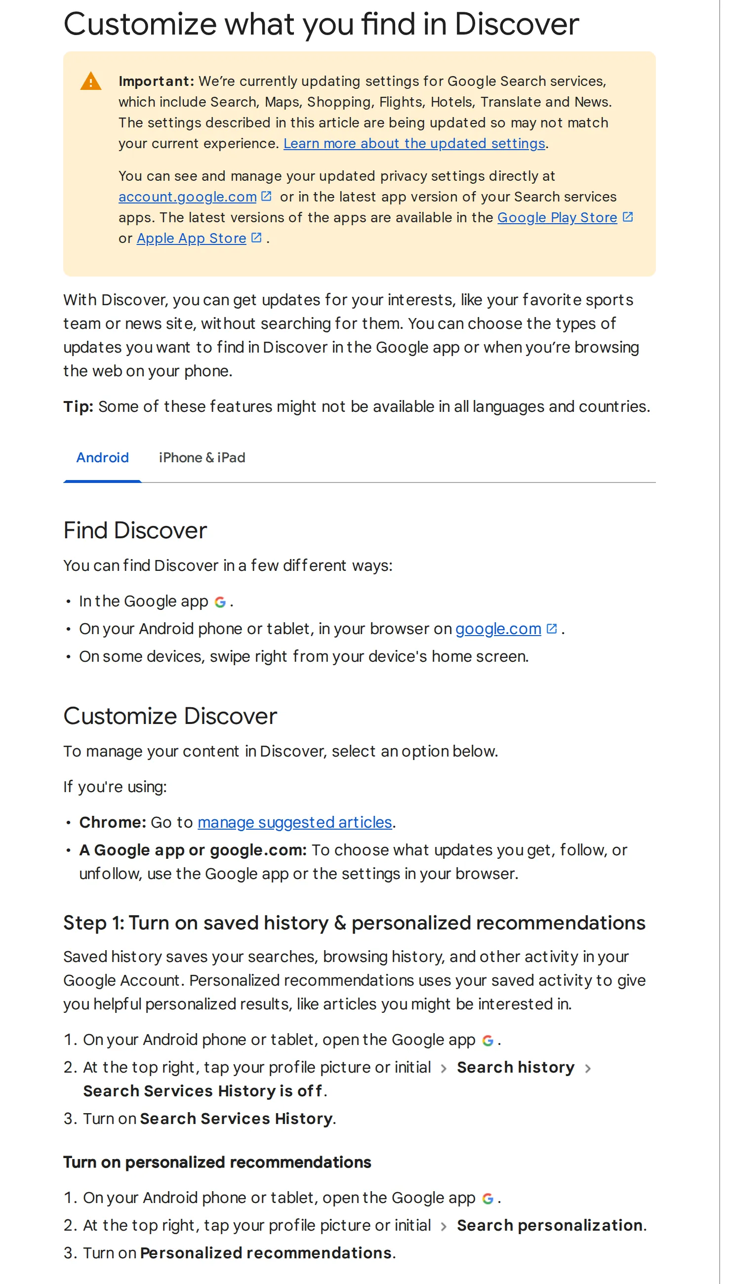 Google's help page for Discover on Android, with a notice that its settings are being updated, the three places to find Discover, and Step 1: turn on Search Services History and Personalized recommendations