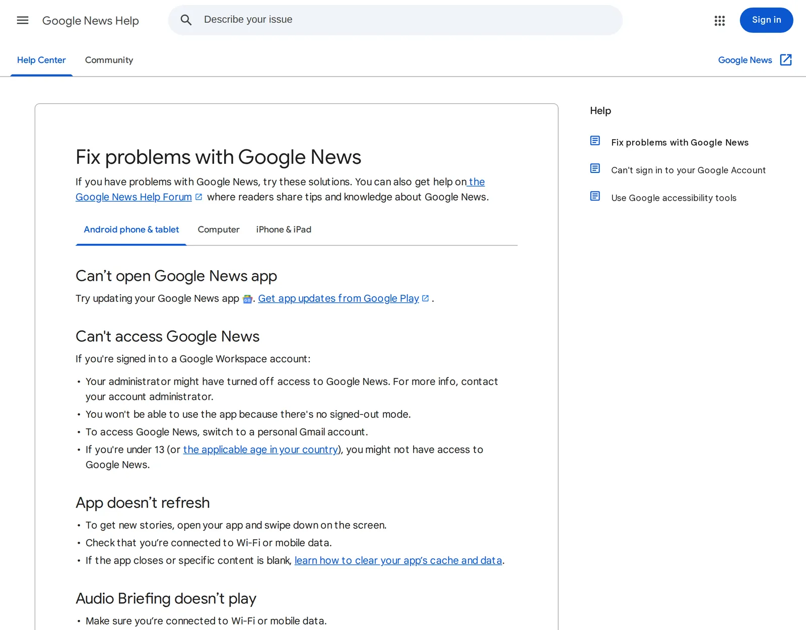 Google's "Fix problems with Google News" help page for Android, with the sections Can't open Google News app, Can't access Google News and App doesn't refresh