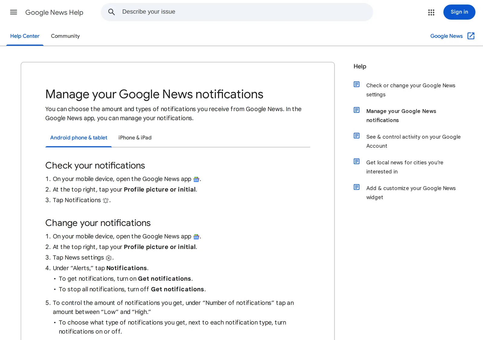 Google's "Manage your Google News notifications" help page for Android, showing the path Profile picture or initial, News settings, Notifications under Alerts, and the Get notifications switch