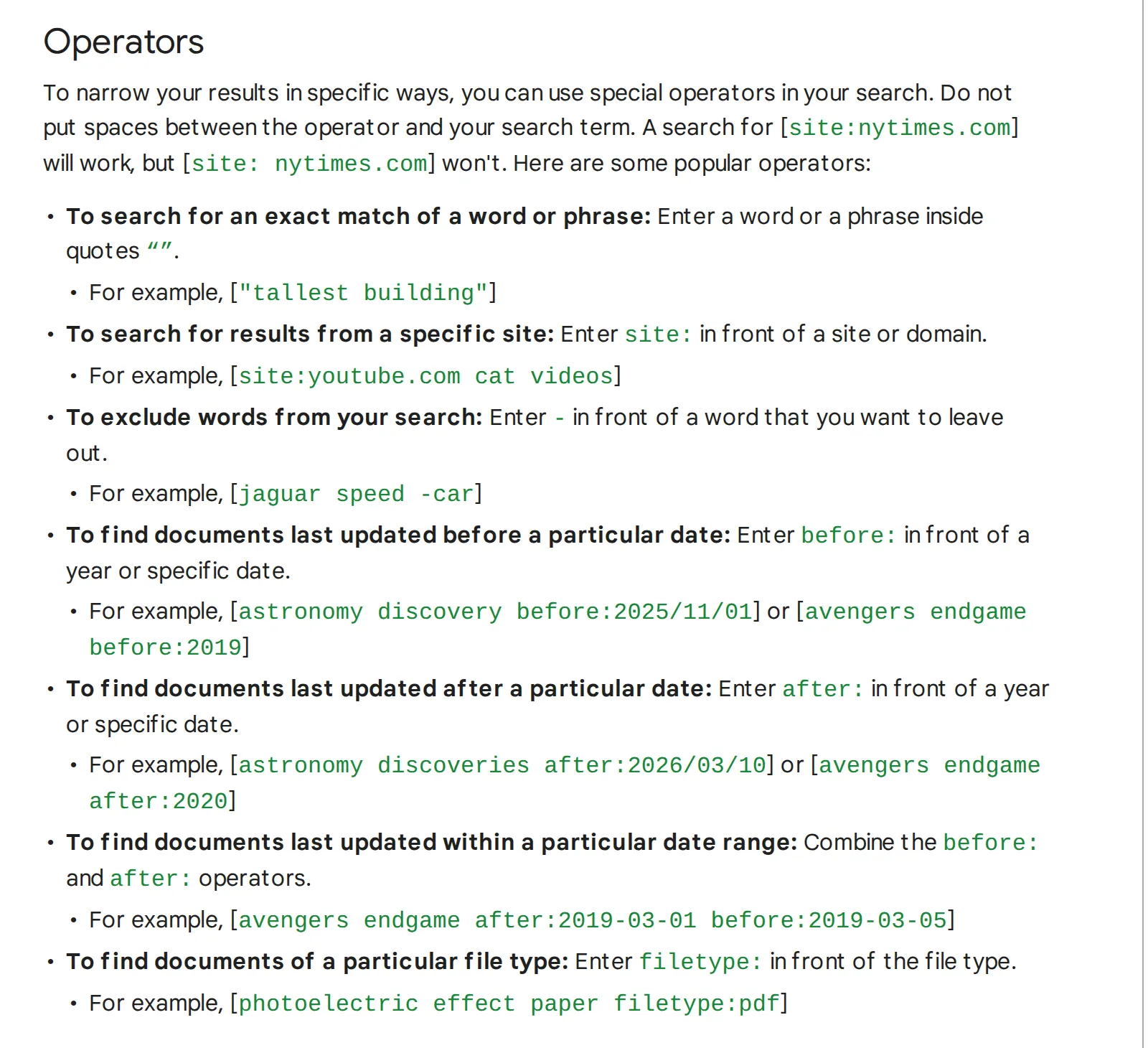 Google Search Help's Operators section listing quotes for an exact match, site: for one site, a minus sign to exclude words, and before: and after: for dates, with the warning not to put spaces after the operator