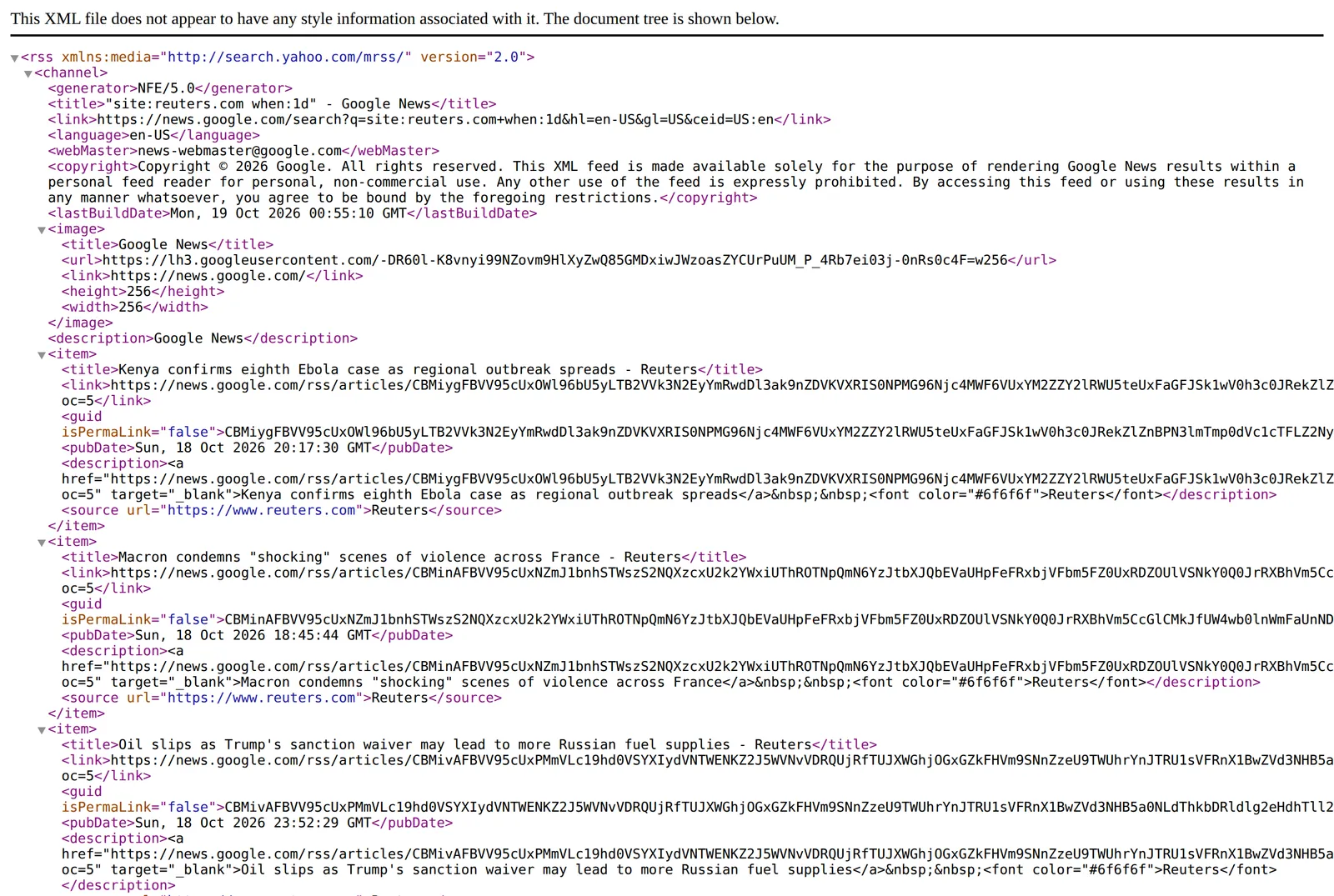 The Google News RSS feed for site:reuters.com when:1d in Chrome, showing the copyright notice limiting use to a personal feed reader, then items whose links are news.google.com/rss/articles redirects and whose descriptions are only the headline and the word Reuters