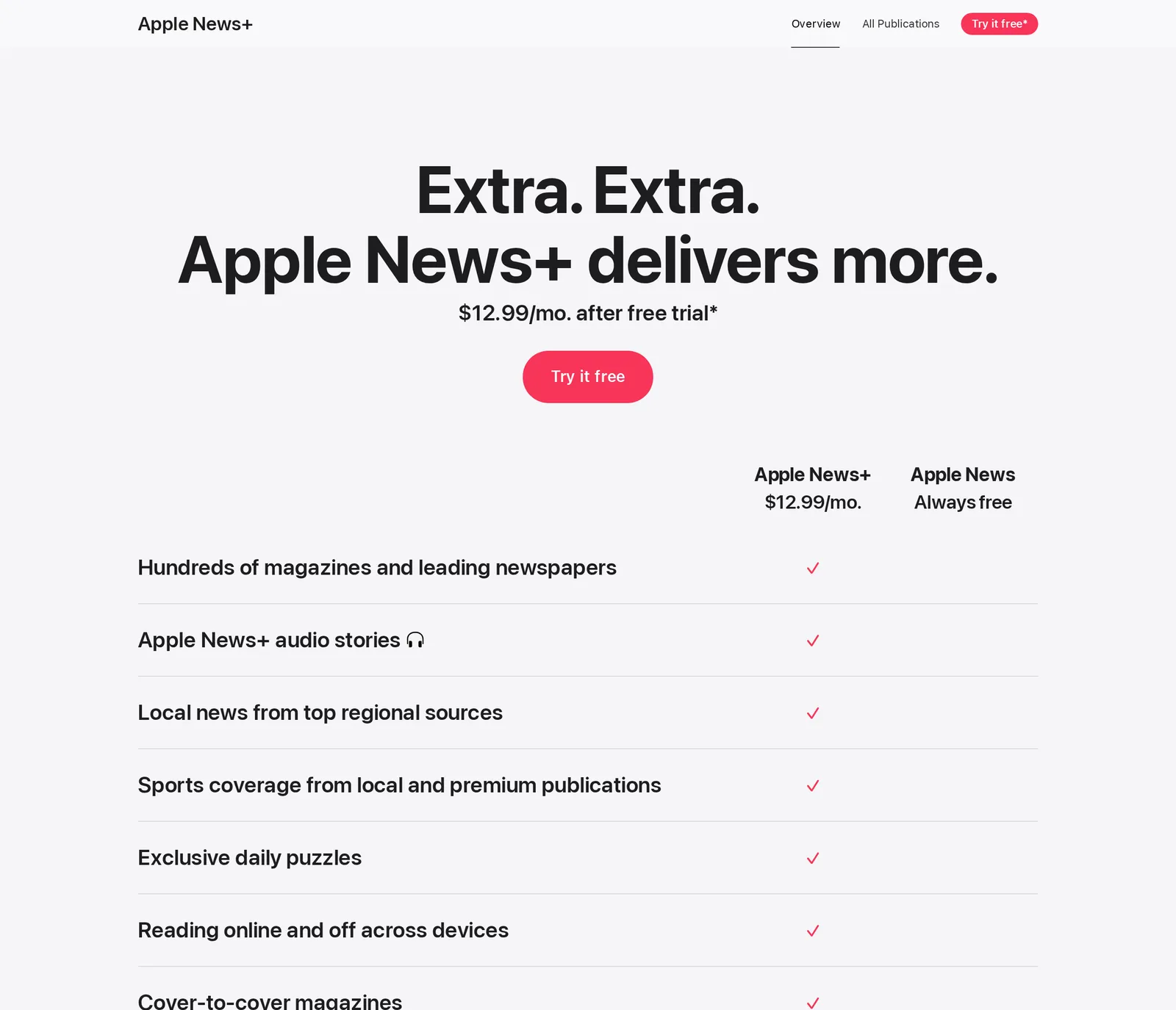 Apple's plans table showing Apple News+ at $12.99 a month after a free trial next to Apple News marked Always free