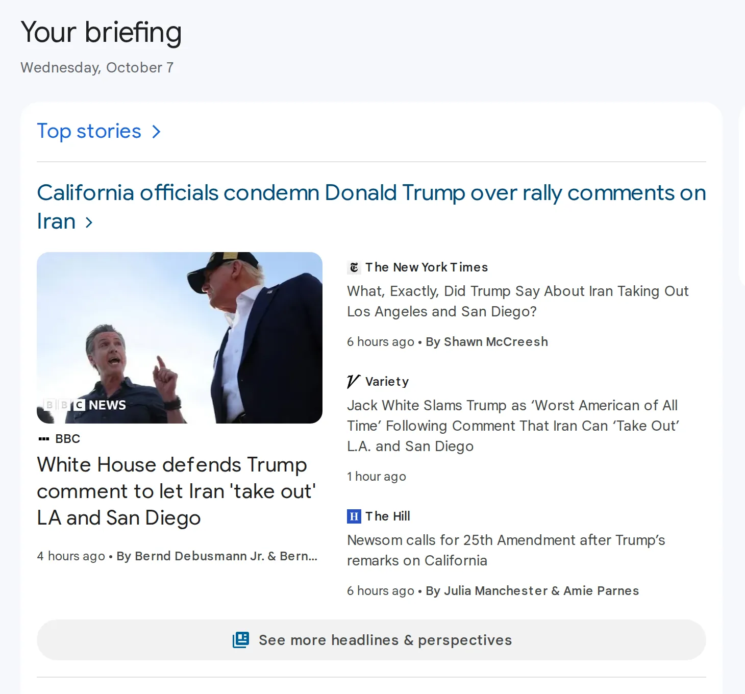 Google News Top stories showing one event with headlines from The New York Times, Variety, BBC and The Hill and a See more headlines and perspectives button