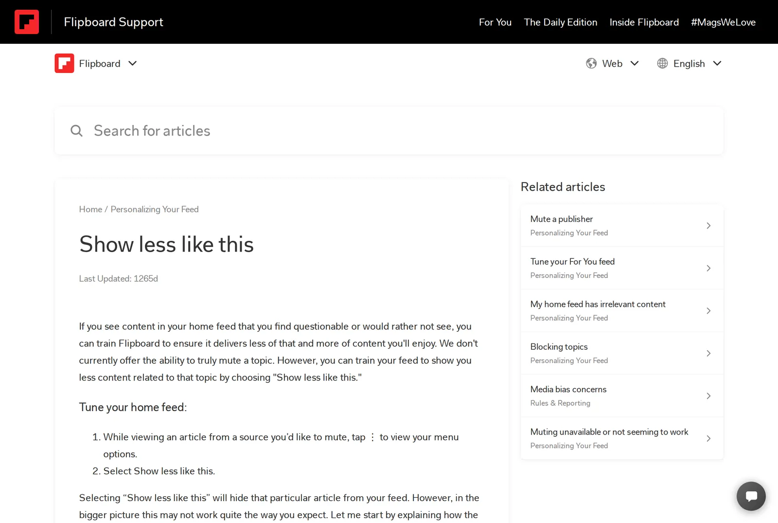 Flipboard's help page titled Show less like this, stating We don't currently offer the ability to truly mute a topic