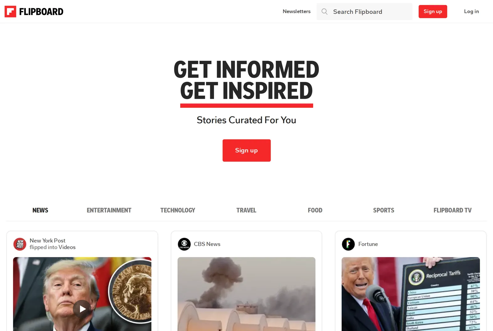 The Flipboard website signed out, with the line Stories Curated For You, tabs for News, Entertainment, Technology, Travel, Food and Sports, and story cards from New York Post, CBS News and Fortune