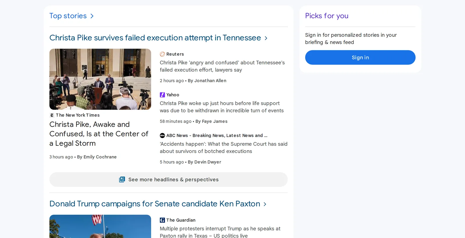 Google News Top stories grouping one event's headlines from Reuters, Yahoo, ABC News and The New York Times above a See more headlines and perspectives button, beside a Picks for you box asking you to sign in
