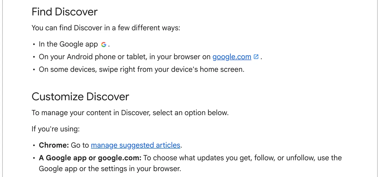 Google's help page listing where to find Discover on Android, in the Google app, on google.com in a browser, or by swiping right from the home screen, and the Customize Discover controls