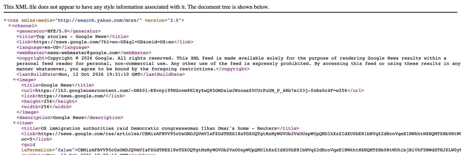 The raw XML of the Google News top stories RSS feed, with the channel title, the NFE/5.0 generator tag and the copyright notice that limits it to personal feed readers
