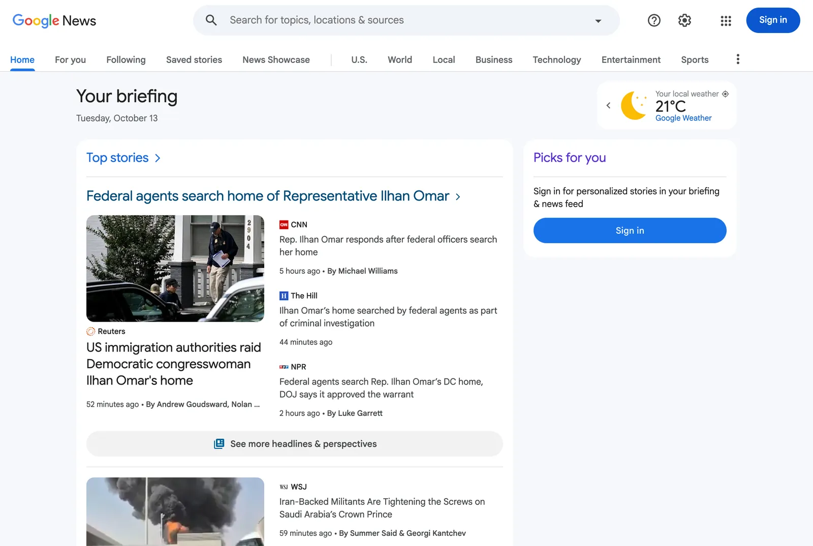 Google News home page signed out, showing the Home, For you and Following tabs, Top stories, and a Picks for you box asking to sign in for personalized stories