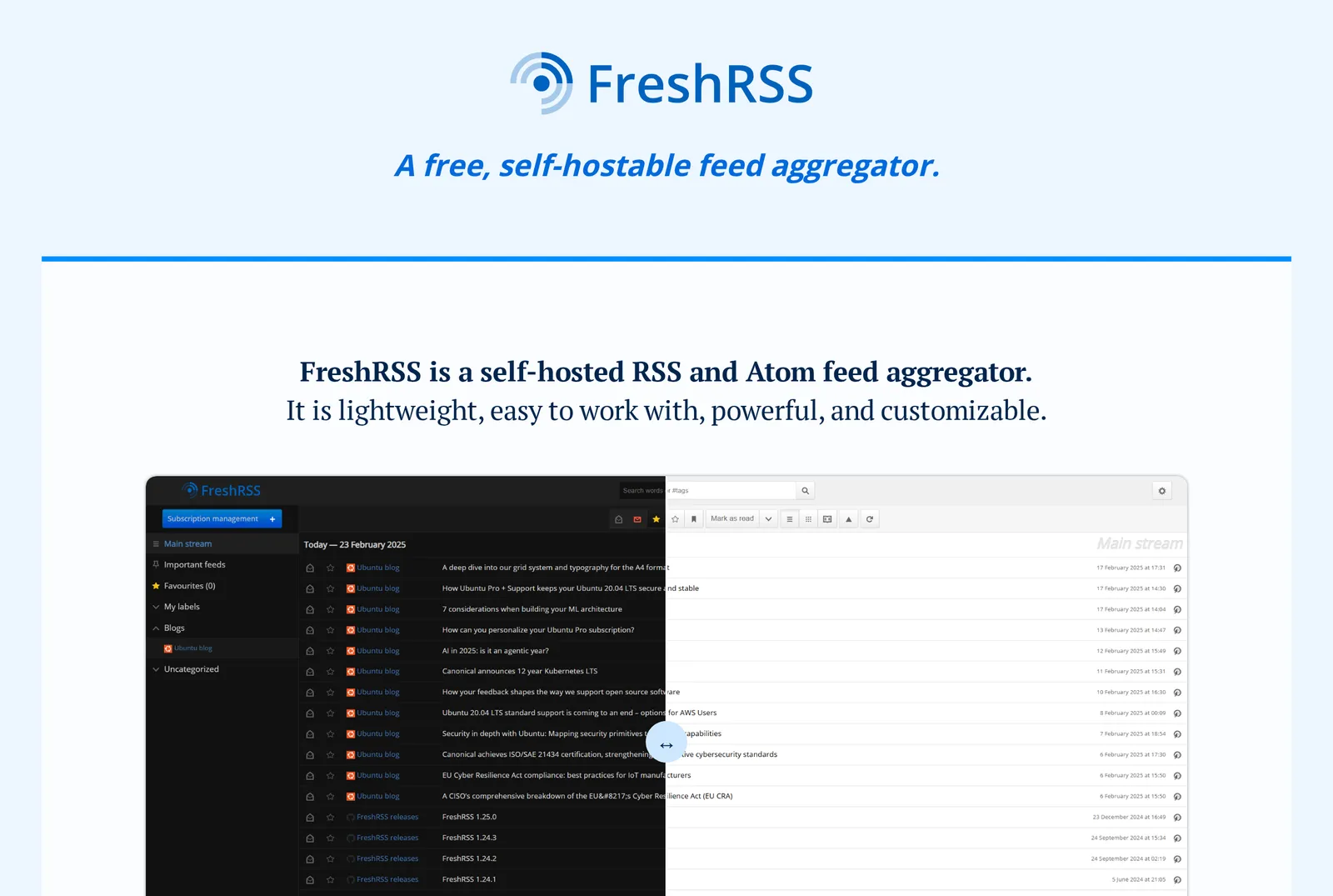 FreshRSS's home page describing it as a free, self-hostable feed aggregator, above a screenshot of its reader in dark and light themes